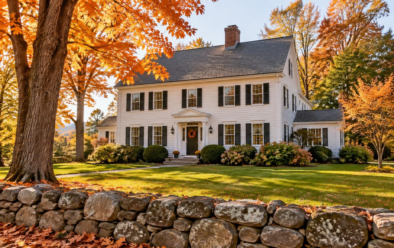 White colonial home with black shutters and a stone wall in autumn, Southern New Hampshire